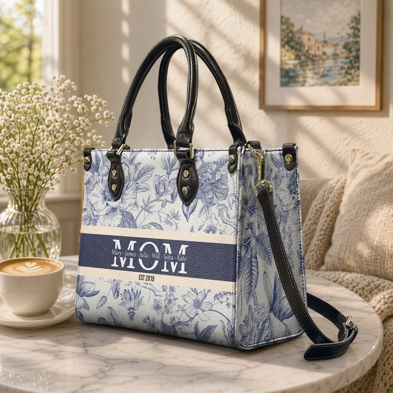 Personalized Tote Bag with Floral Blue Toile Monogram Style for Mom or Grandma - Unique Custom Gift