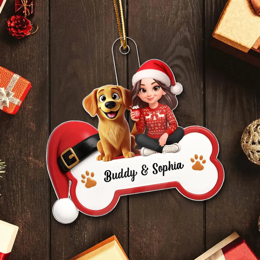 Acrylic Ornament - Personalized Girl with Dog Bone Design for Christmas Tree, unique gift for Dog Lovers