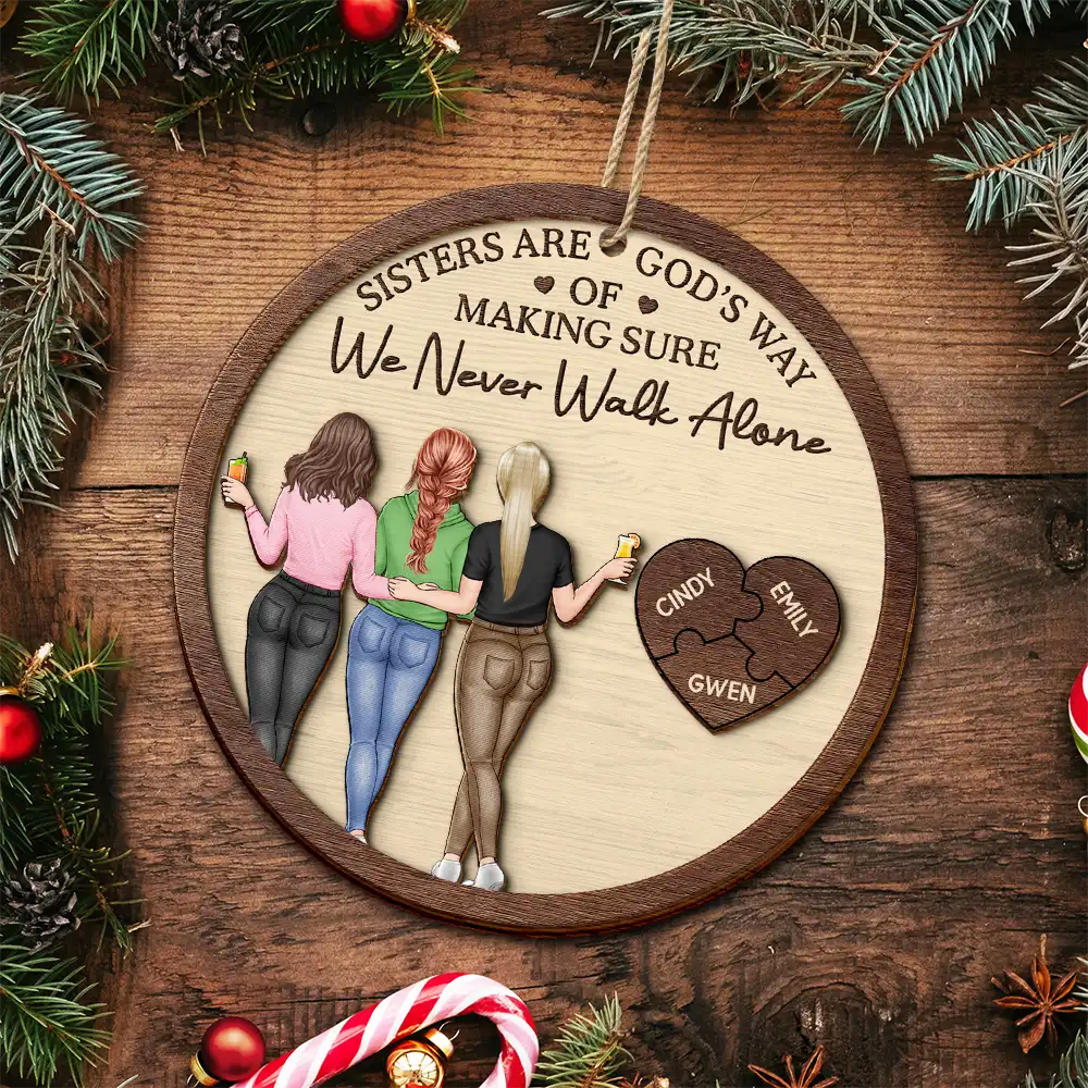 2-Layer Wooden Ornament with Hugging Friends & Puzzle Heart, We Never Walk Alone - Unique Christmas Gift for Best Friend