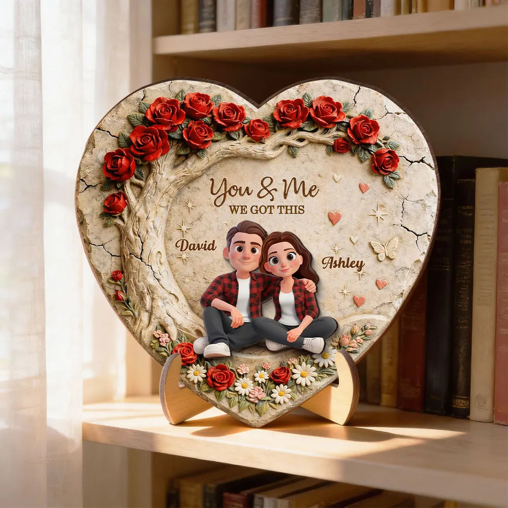 Personalized 2-Layer Wooden Plaque Couple Sitting Together in a Heart Rose Design You & Me Unique Gift for Husband or Wife