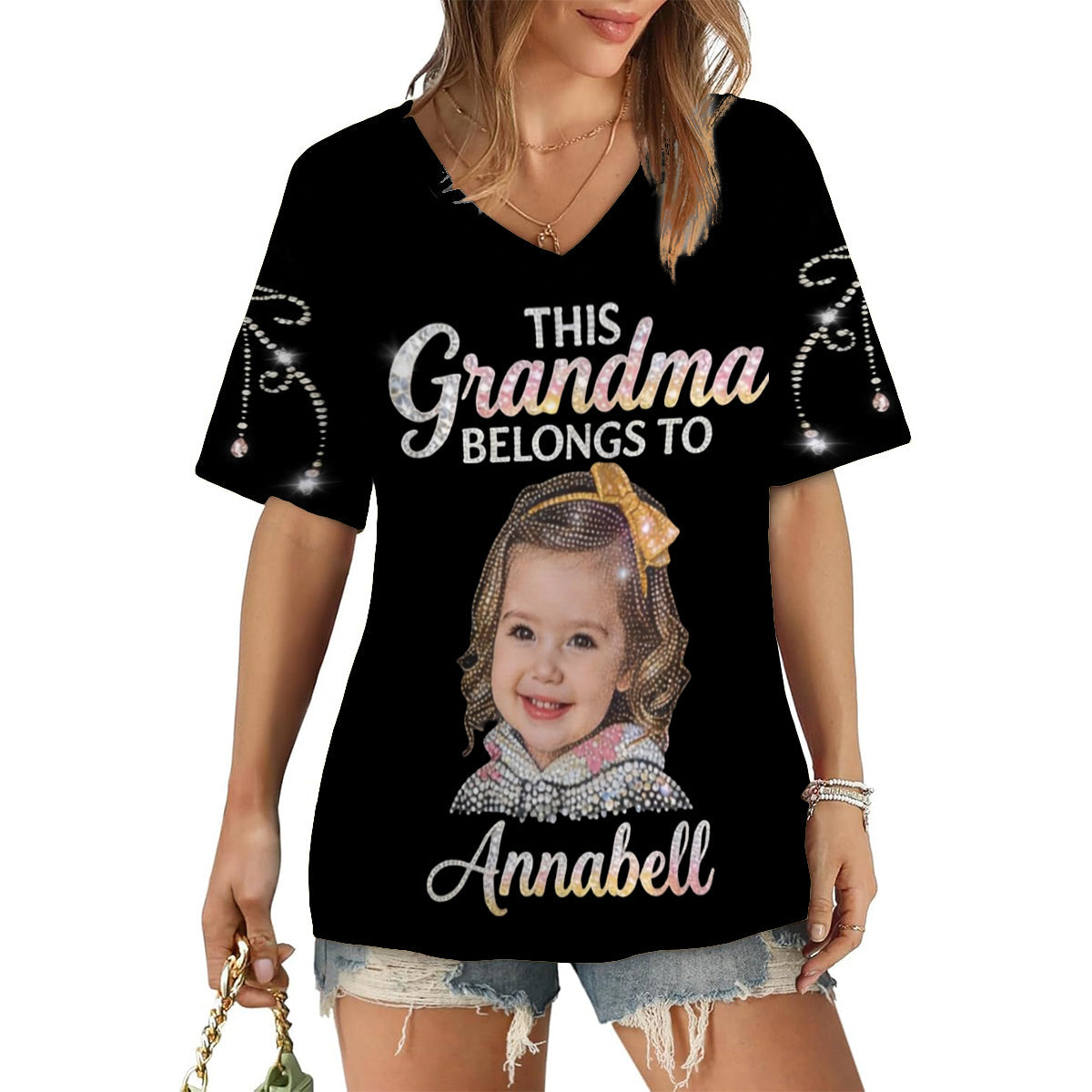 Custom Bling Shirt For Grandma/ Mother - Personalized Grandma Fully Printed V-Neck T-Shirt