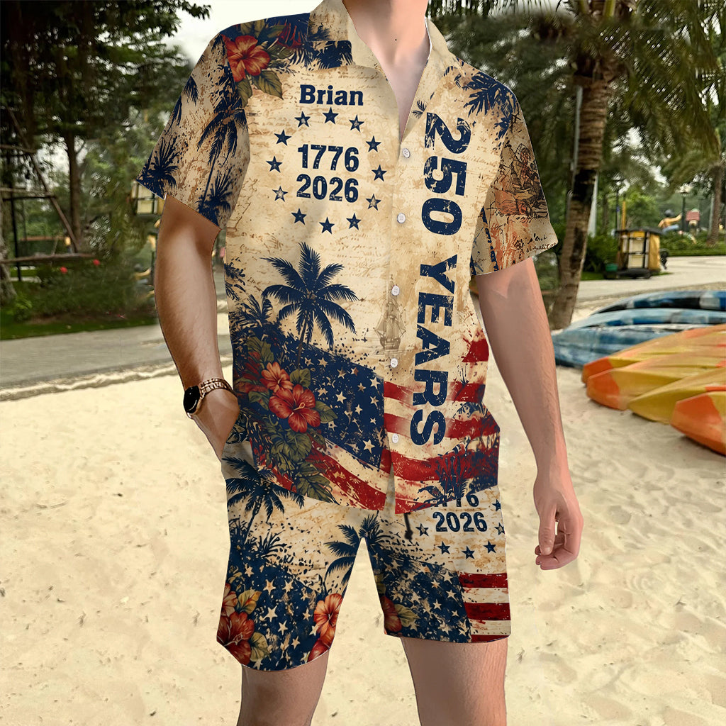 250 Years Vintage US Independence Day Aloha Shirt & Pants Set - Personalized Independence Day/ 4th of July Hawaiian Shirt & Men Shorts