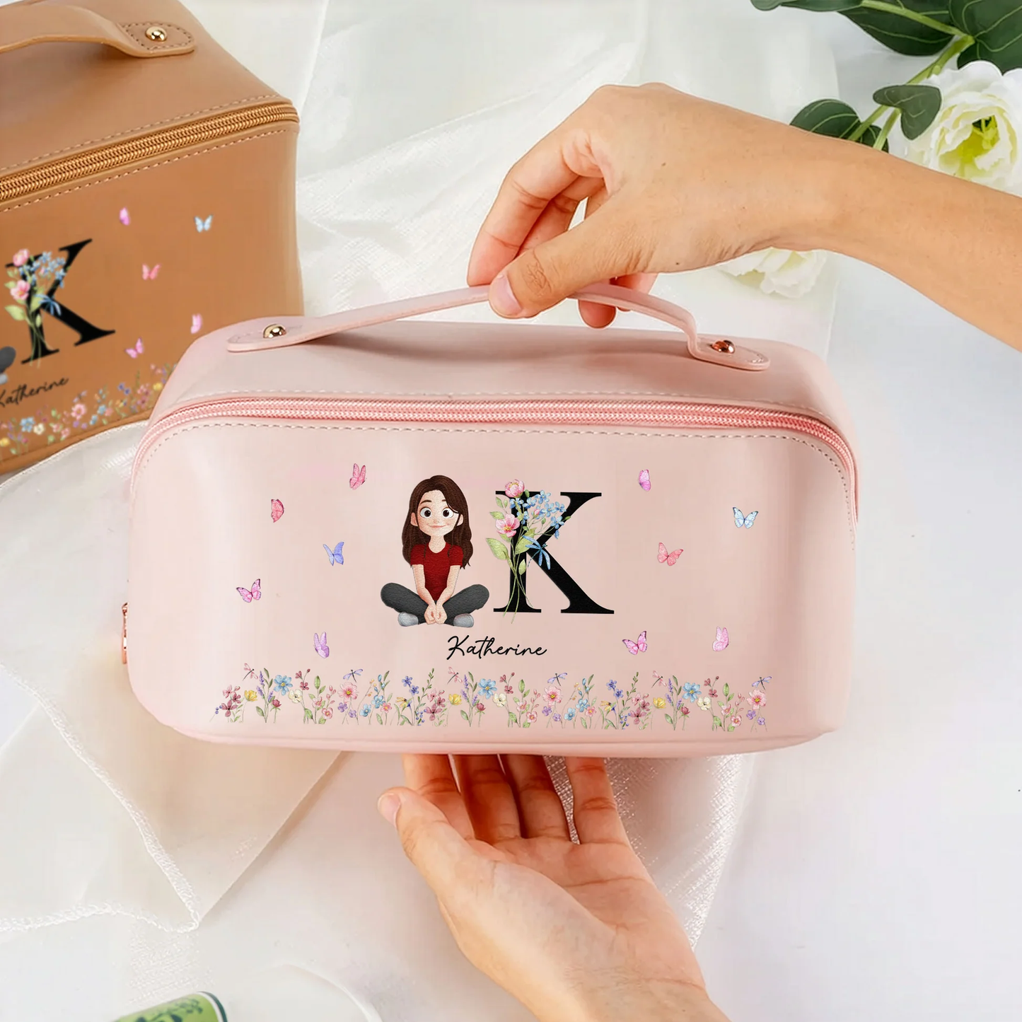 Personalized Leather Makeup Bag with Initial & Cartoon Girl, Spacious Travel Makeup Organizer, Cute Unique Gift for Her