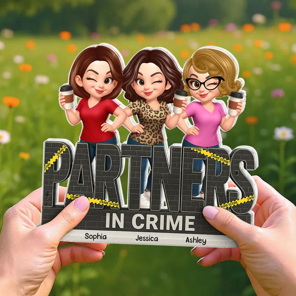“PARTNERS IN CRIME” Sisters Linking Arms with Coffee Shaped Acrylic Block Plaque, Creative Gift for Sister, Customizable
