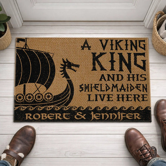 A Viking King And His Shieldmaiden Live Here Standard Doormat, Personalized Entryway Welcome Mat - Unique Gift