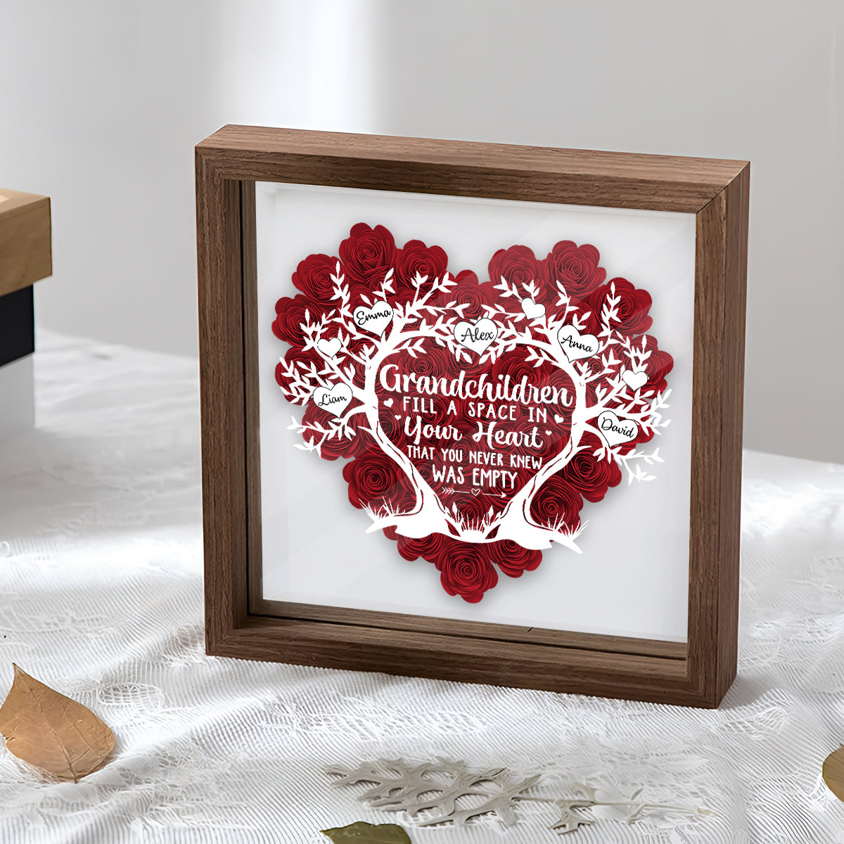 Grandchildren Fill A Space In Your Heart - Personalized Grandma Flower Shadow Box