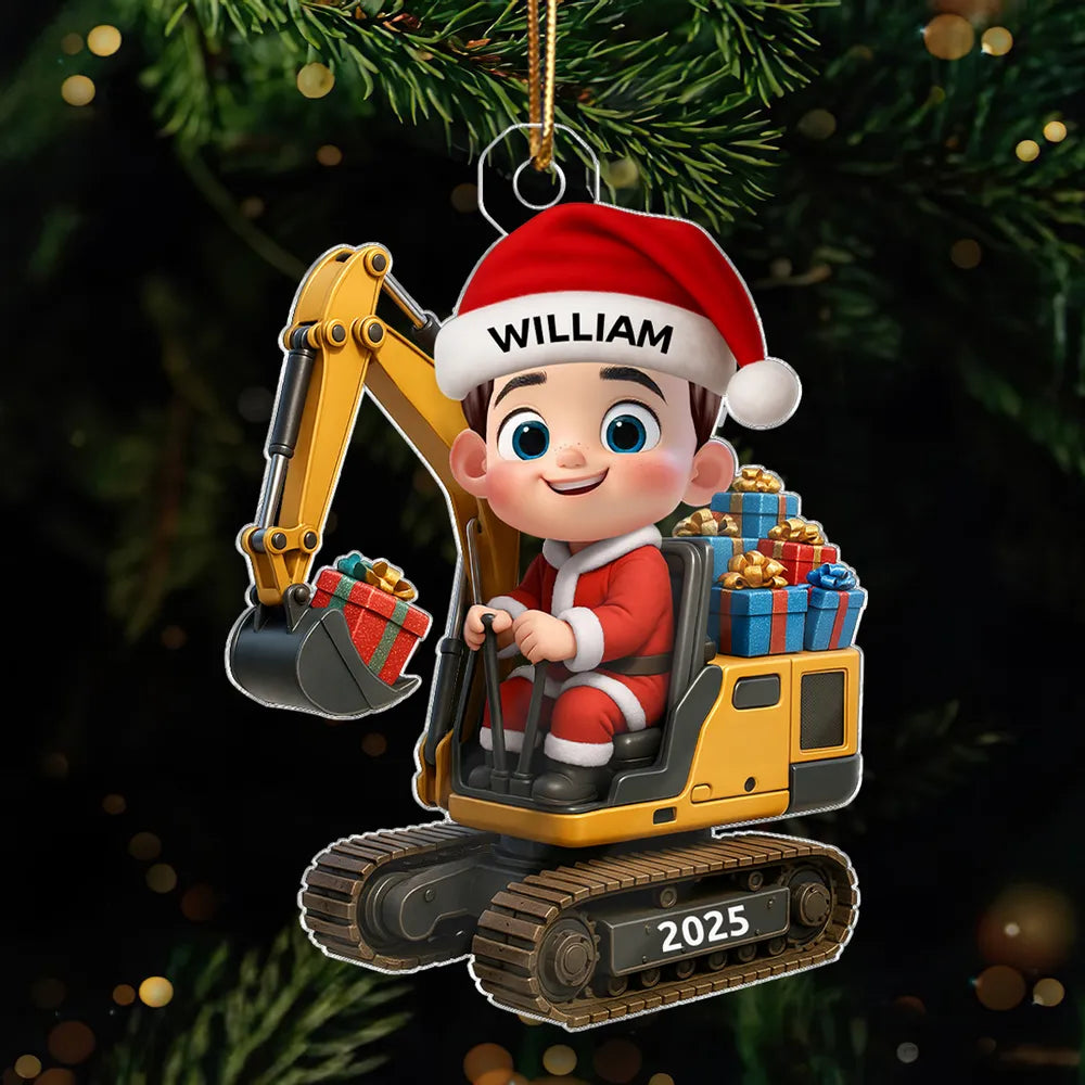 Christmas Acrylic Ornament with Cute Excavator and Santa Kid – Festive Decoration & Perfect Gift for Children