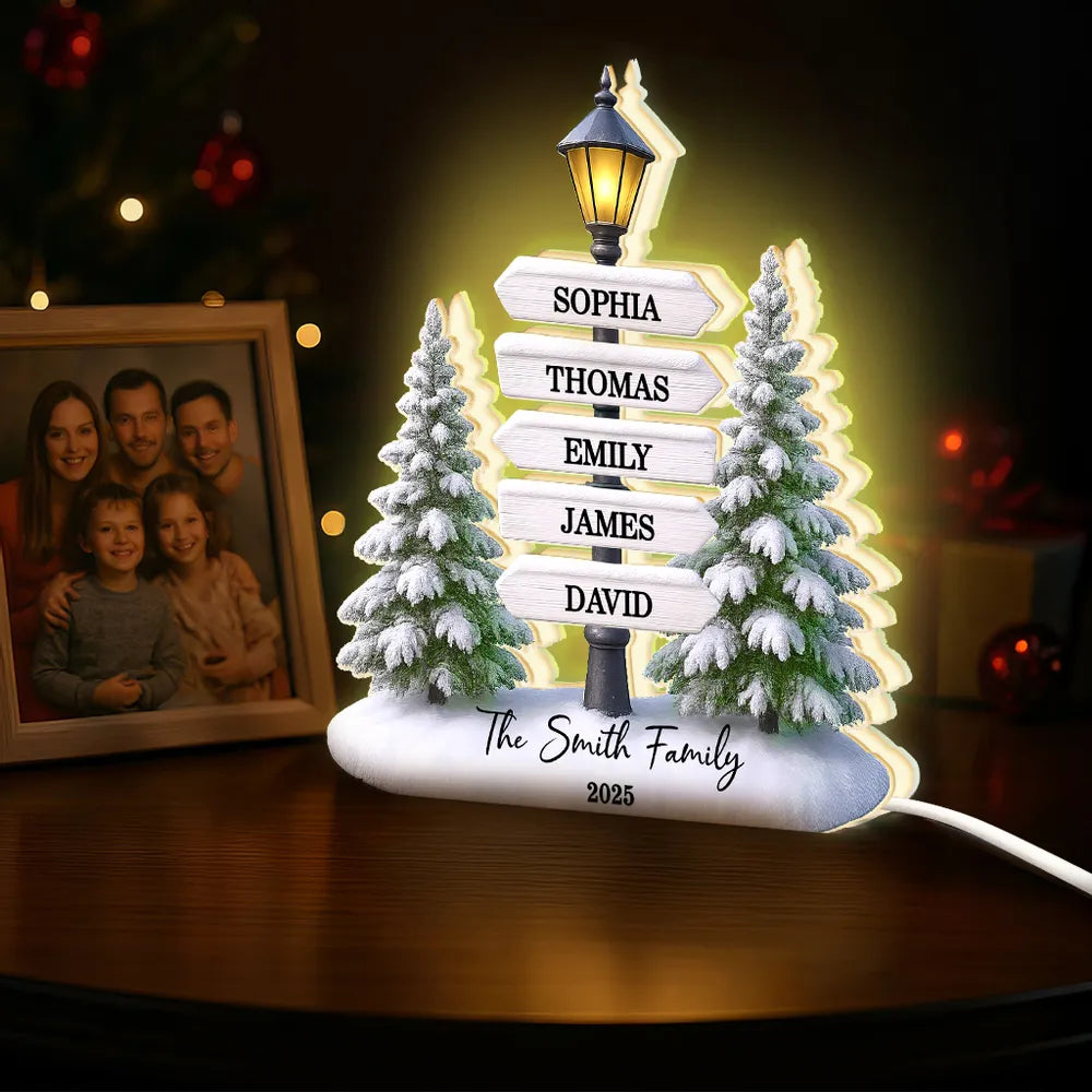 Personalized Christmas Acrylic Light Box with Family Signpost & Snowy Trees, Warm Glow Holiday Décor, Unique Gift for Loved Ones