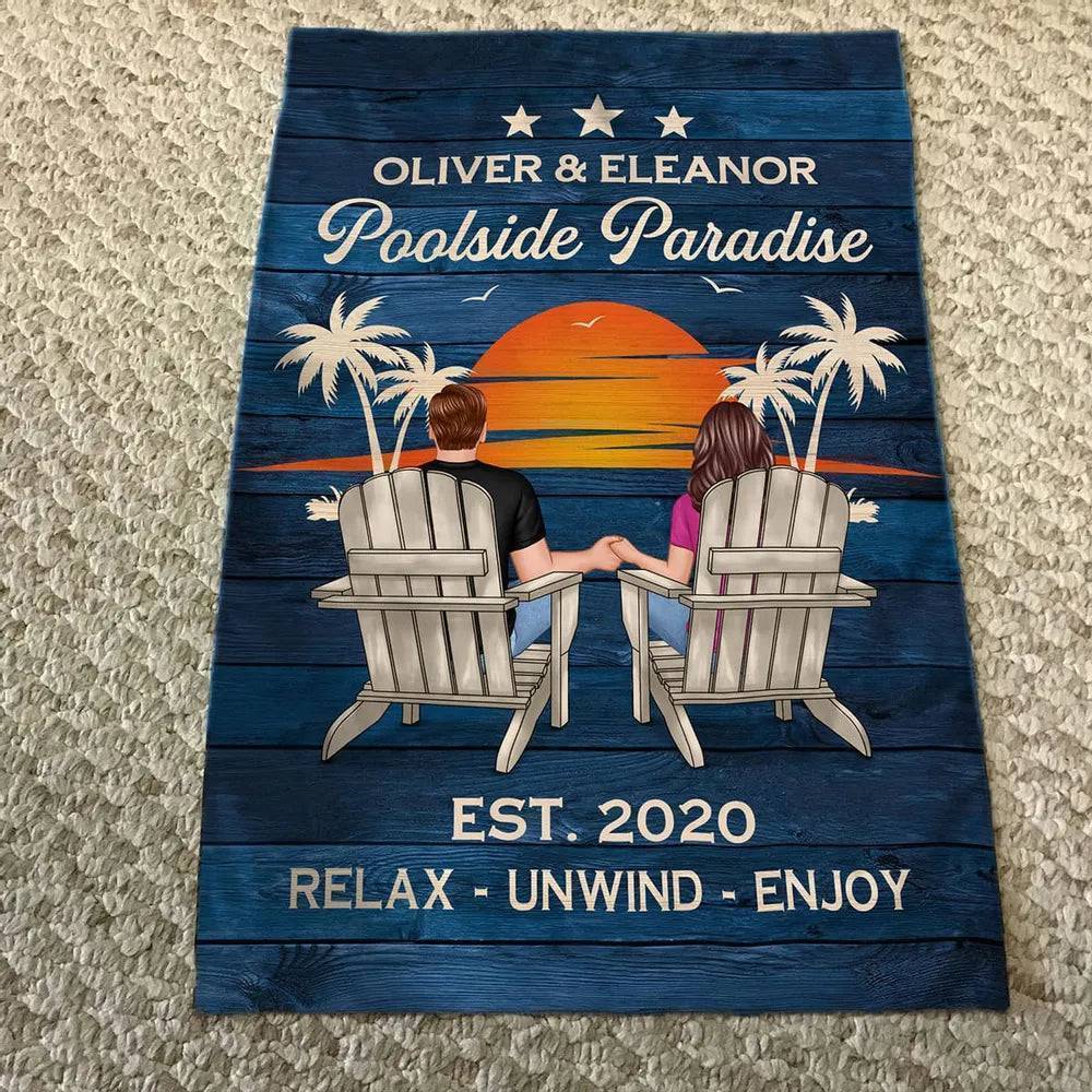 Relaxing Poolside Paradise Decor with Optional Flag Background Couple Sitting Personalized Sign, Flag, Vase - Perfect for Garden, Housewarming, Birthday, Anniversary Gift for Him, Her