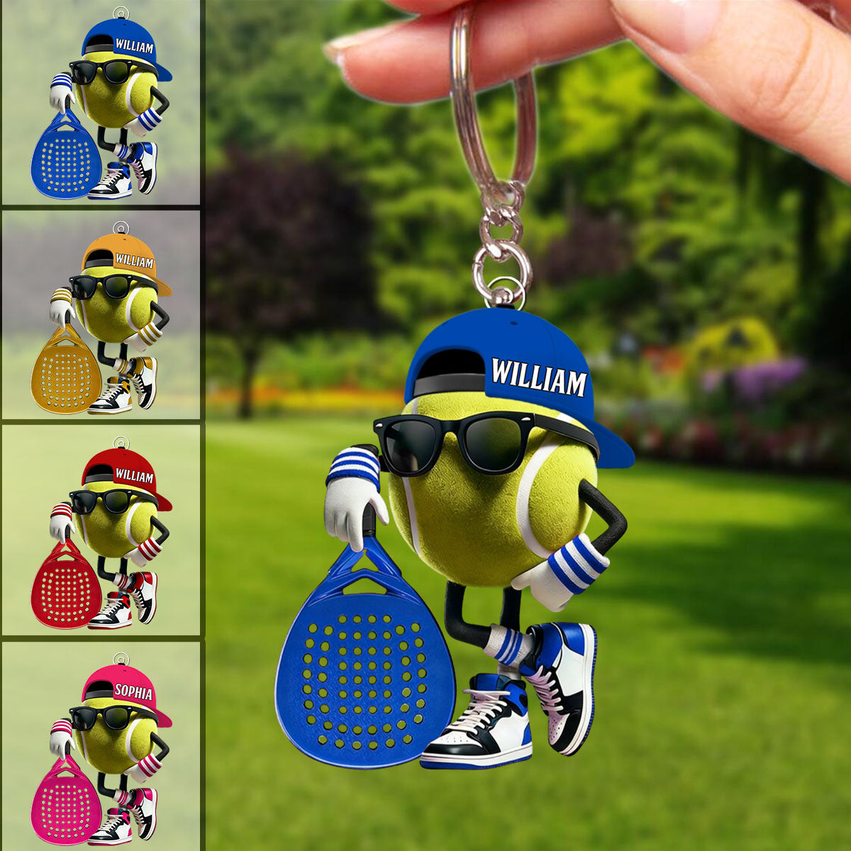 Personalized Padel Acrylic Keychain Cute Tennis Ball Character with Sunglasses and Cap - Unique Gift for Sports Fans
