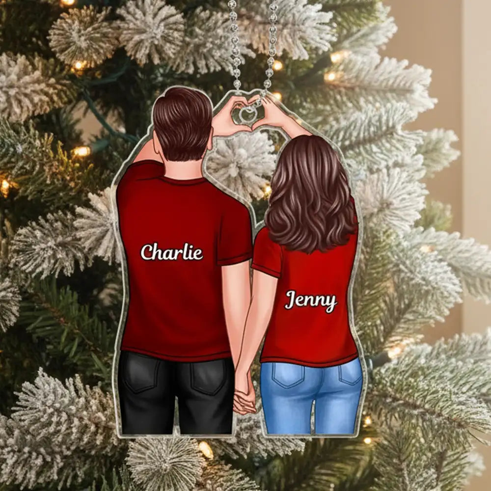 Couple Ornament with Back View and Heart Gesture, Romantic Hand-in-Hand Design, Perfect Holiday Gift