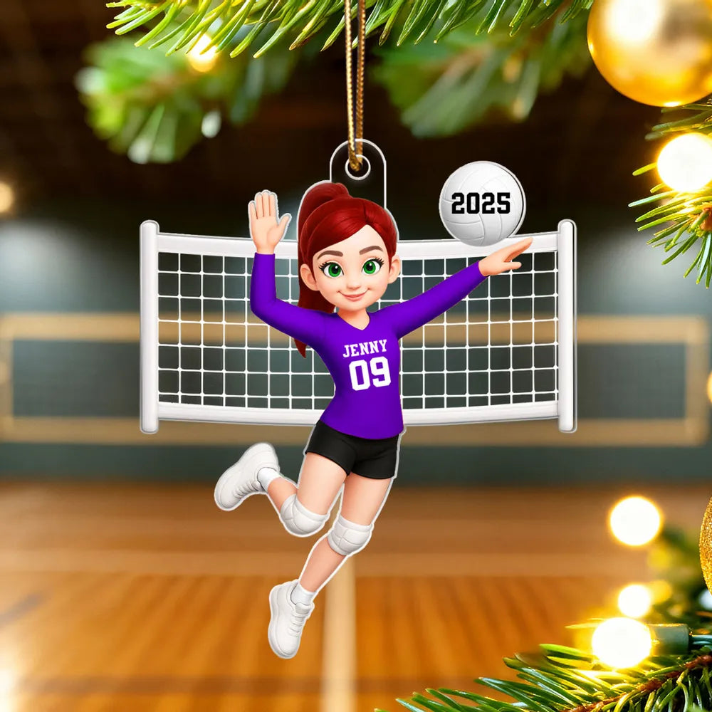 Custom Volleyball Girl Acrylic Ornament with name & number design, sports-themed holiday decoration and perfect gift for athletes