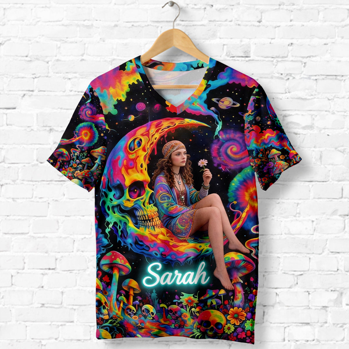 Custom Any Photo Hippie Skull Psychedelic - Personalized Hippie Fully Printed V-Neck T-Shirt