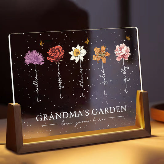 Custom LED Frame Poster - Birth Month Flower Art with Grandkids' Names