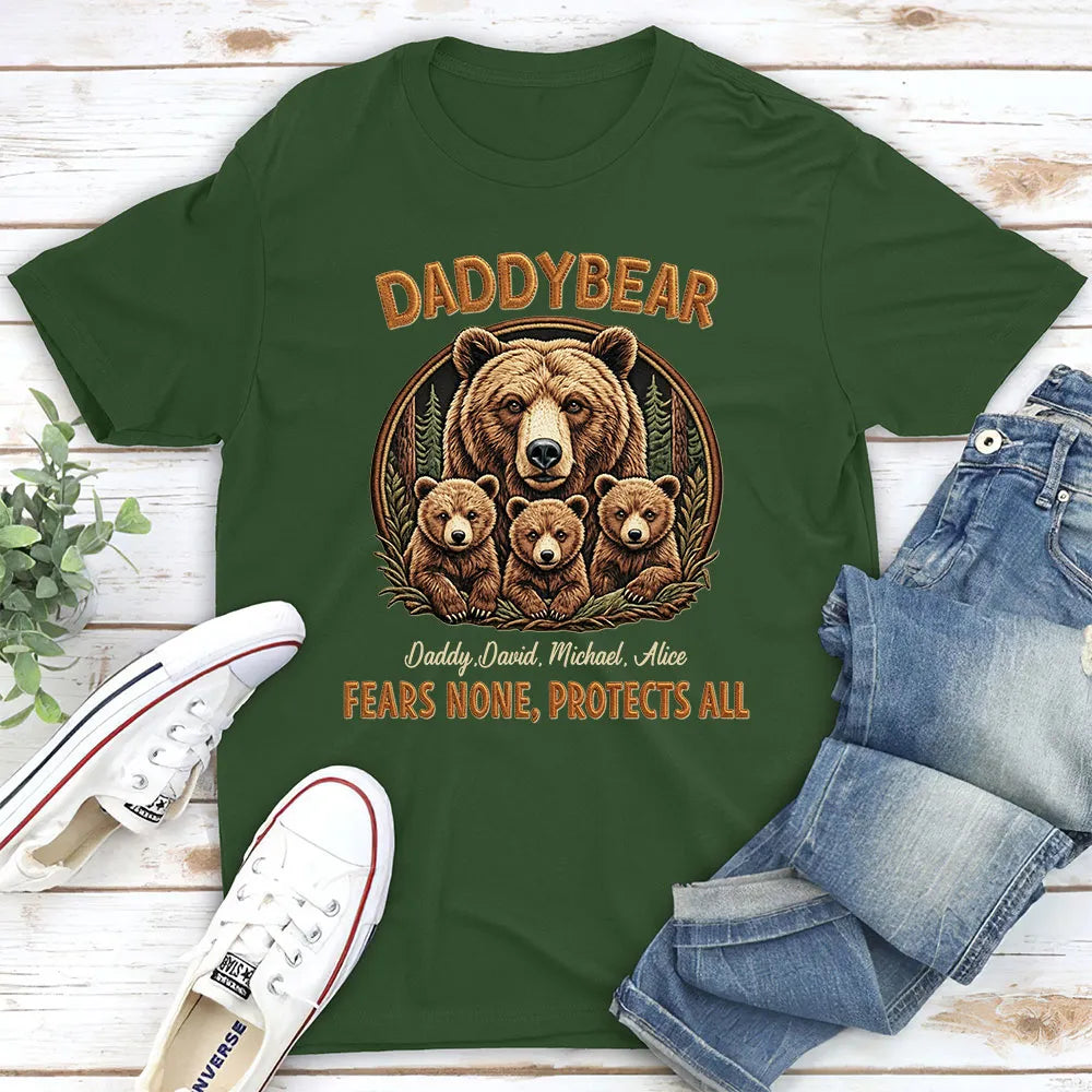 Personalized Daddy Bear Classic Tee With Custom Names, Protective Papa Gift For Dad, Rustic Bear Family Artwork