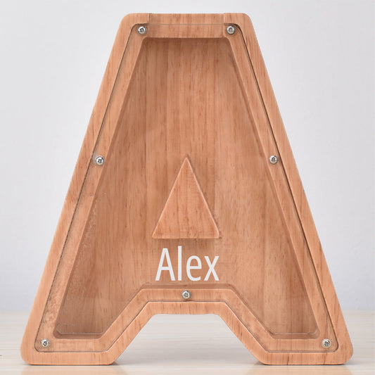 Custom Initial And Name - Personalized Letter And Name Oak Wooden Piggy Bank