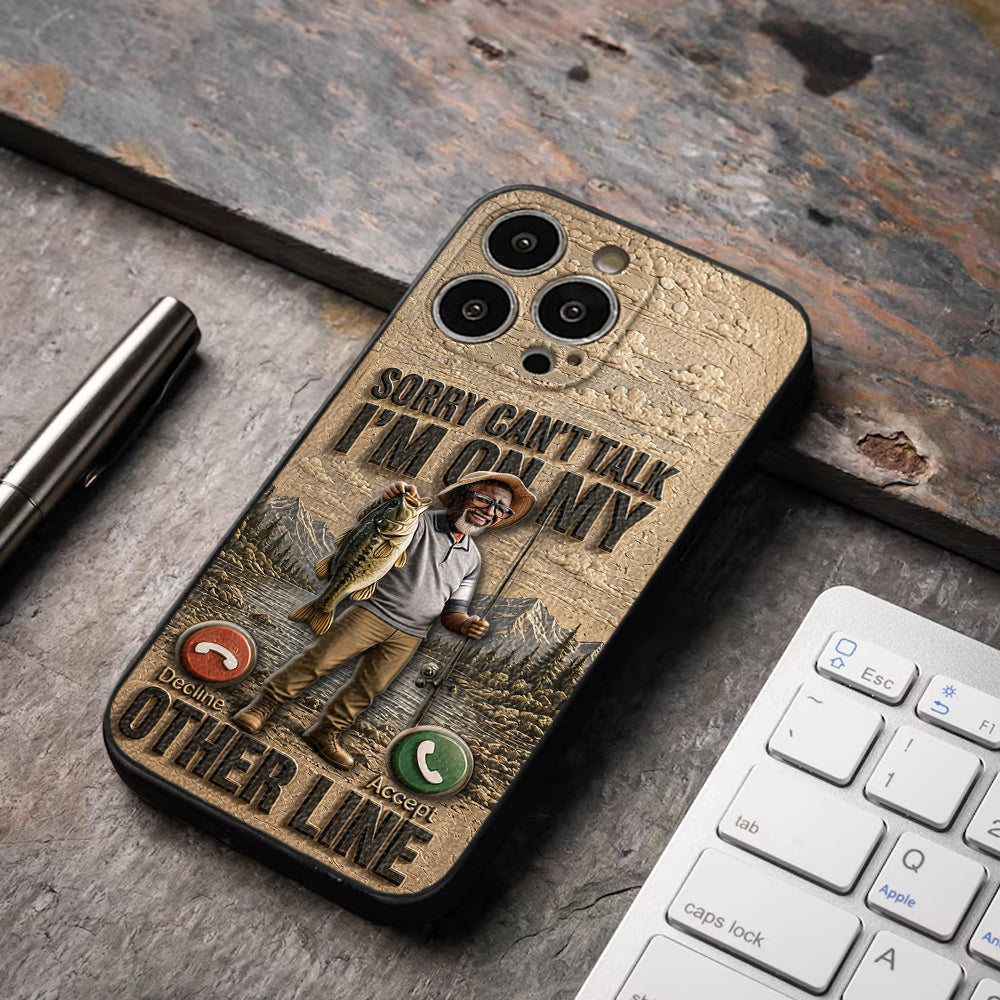 I'm On My Other Line, Fishing Lover Gift - Personalized Fishing 3D Embossed Leather Phone Case