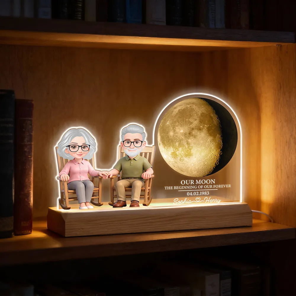 Custom Shaped Acrylic Block LED Plaque, Cozy Rocking Chair Couple Under a Glowing Moon - Romantic Keepsake Gift