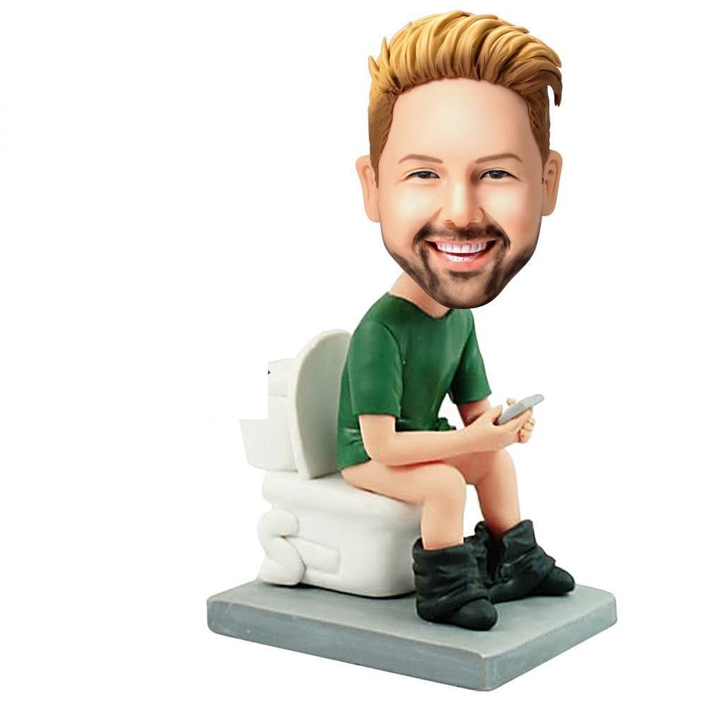 Custom From Photo - Personalized Man Sitting Toilet With Phone Bobblehead
