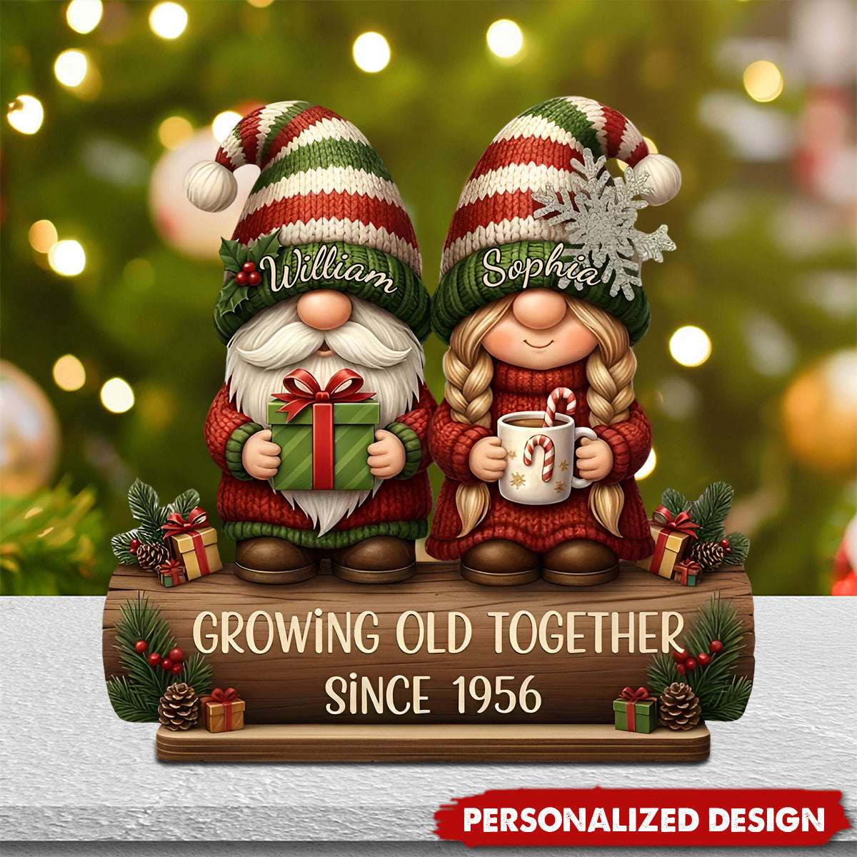 Custom Growing Old Together Wooden Plaque with Cute Christmas Gnome Couple Sentimental Display Piece Thoughtful Gift for Partner