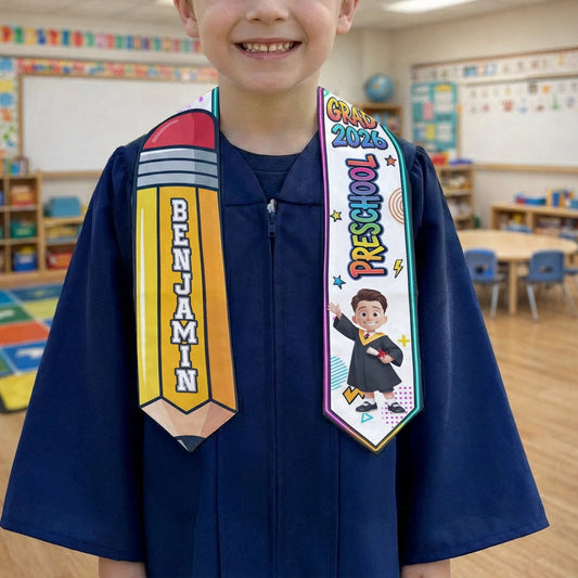 Personalized Graduation Stole for Preschool and Kindergarten, Pencil and Cartoon Grad Design, Unique Gift for Kids