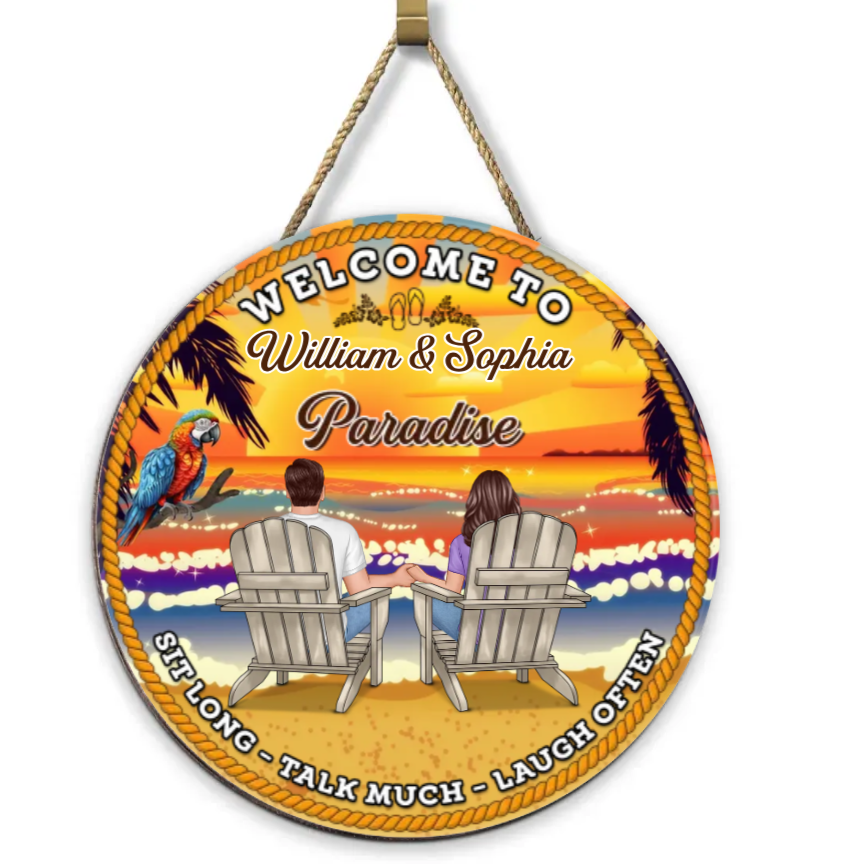Relaxing Poolside Paradise Decor with Optional Flag Background Couple Sitting Personalized Flag, Sign, Vase - Perfect for Garden, Housewarming, Birthday, Anniversary Gift for Him, Her