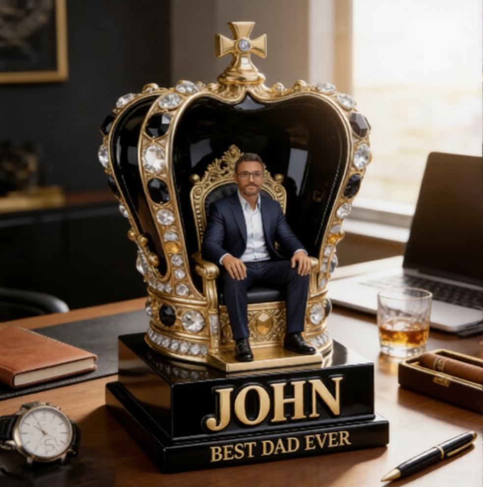 Custom King Throne Photo Figurine Statue | Personalized Best Dad Ever Crown Sculpture | Unique Father's Day Gift for Husband Office Desk Decor