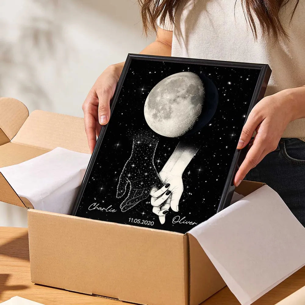 Personalized Moon Phase Couple Holding Hands Poster, Starry Night Wall Art, Unique Romantic Gift for Couple