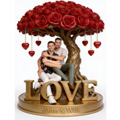 Custom Gay Couple Figurine Statue under Red Rose Tree, Engraved Name, Romantic Same Sex LGBT Anniversary Wedding Gift Home Decor