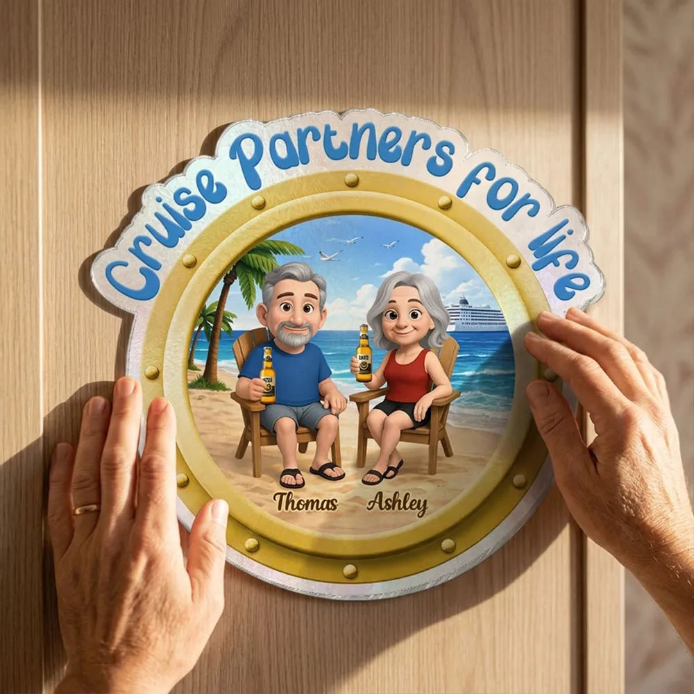 Cruise-Themed Personalized Acrylic Magnet with Beach Cartoon Couple and Ship View, Sweet Unique Gift for Couples