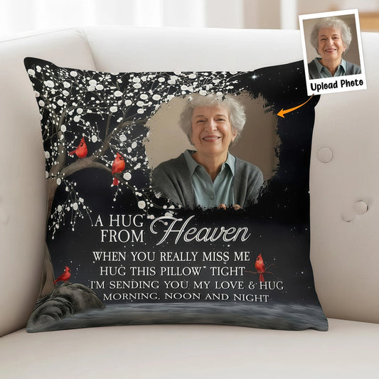 Custom Photo Square Pillow – A Hug From Heaven Memorial Cushion To Hold When You Miss Them, Unique Sympathy Gift & Cozy Room Decor