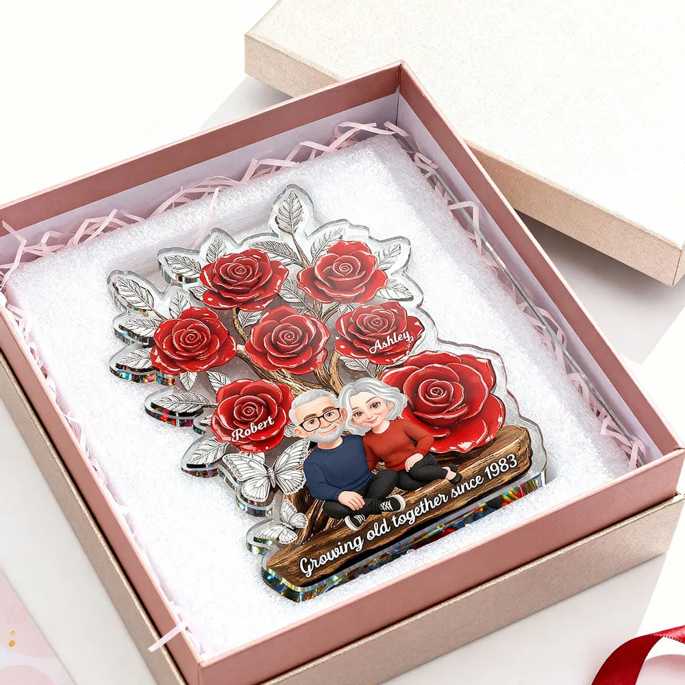 Personalized Shaped Acrylic Block Plaque with Red Rose Tree Couple Sitting Together, Unique Romantic Gift