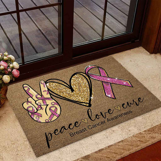 Peace Love Cure - Breast Cancer Awareness Coir Pattern Print Doormat