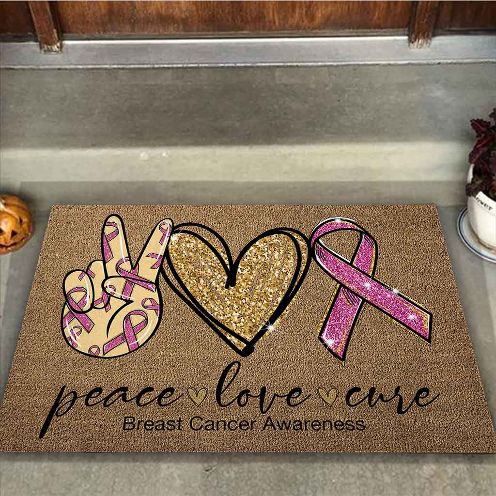 Peace Love Cure - Breast Cancer Awareness Coir Pattern Print Doormat