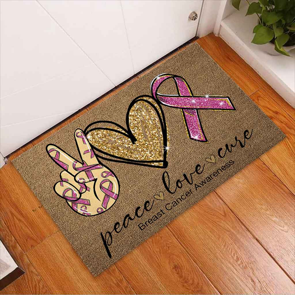 Peace Love Cure - Breast Cancer Awareness Coir Pattern Print Doormat