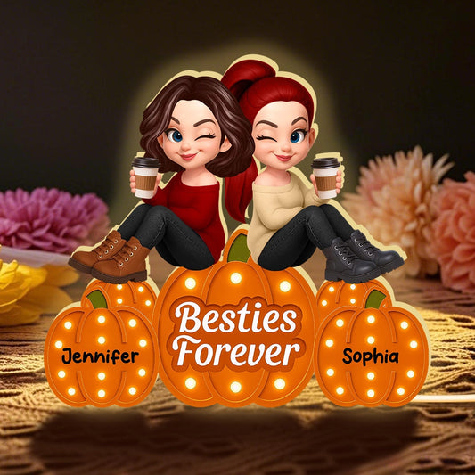 Besties Forever Acrylic Light Box with Pumpkin Marquee Glow, Sitting Friends, Cozy Fall Decor, a Unique Gift for Best Friend