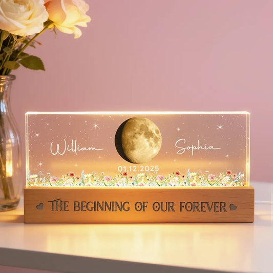 Personalized Moon Phase Block LED Light Plaque With Floral Stars, Romantic Bedside Decor, Unique Couple Gift