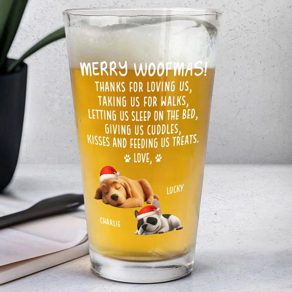 Beer Glass for Dog Lovers - Sleeping Puppy Santa Design, Christmas Message, a unique personalized gift for the home bar