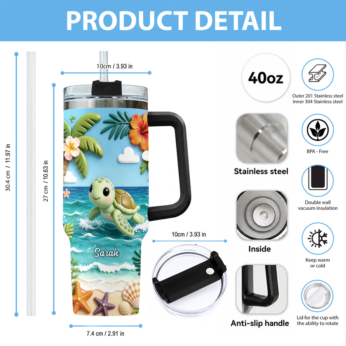 Back To The Ocean - Personalized Turtle Tumbler With Plush Charm