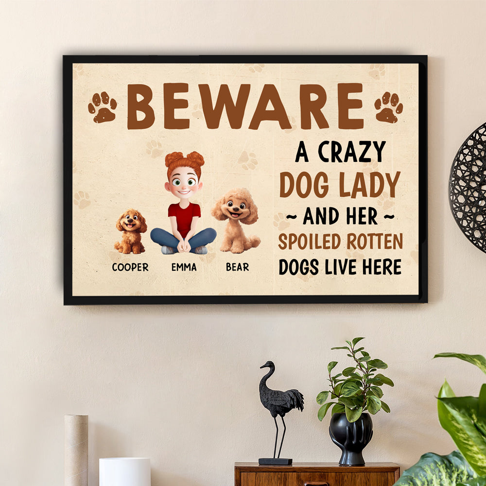 Beware – A Crazy Dog Lady and Her Spoiled Dogs Live Here! Funny Customizable Sign for Dog Lovers, Great Gift for Pet Owners, Available as Rectangular Iron Sign, Wooden Sign, and Keychain