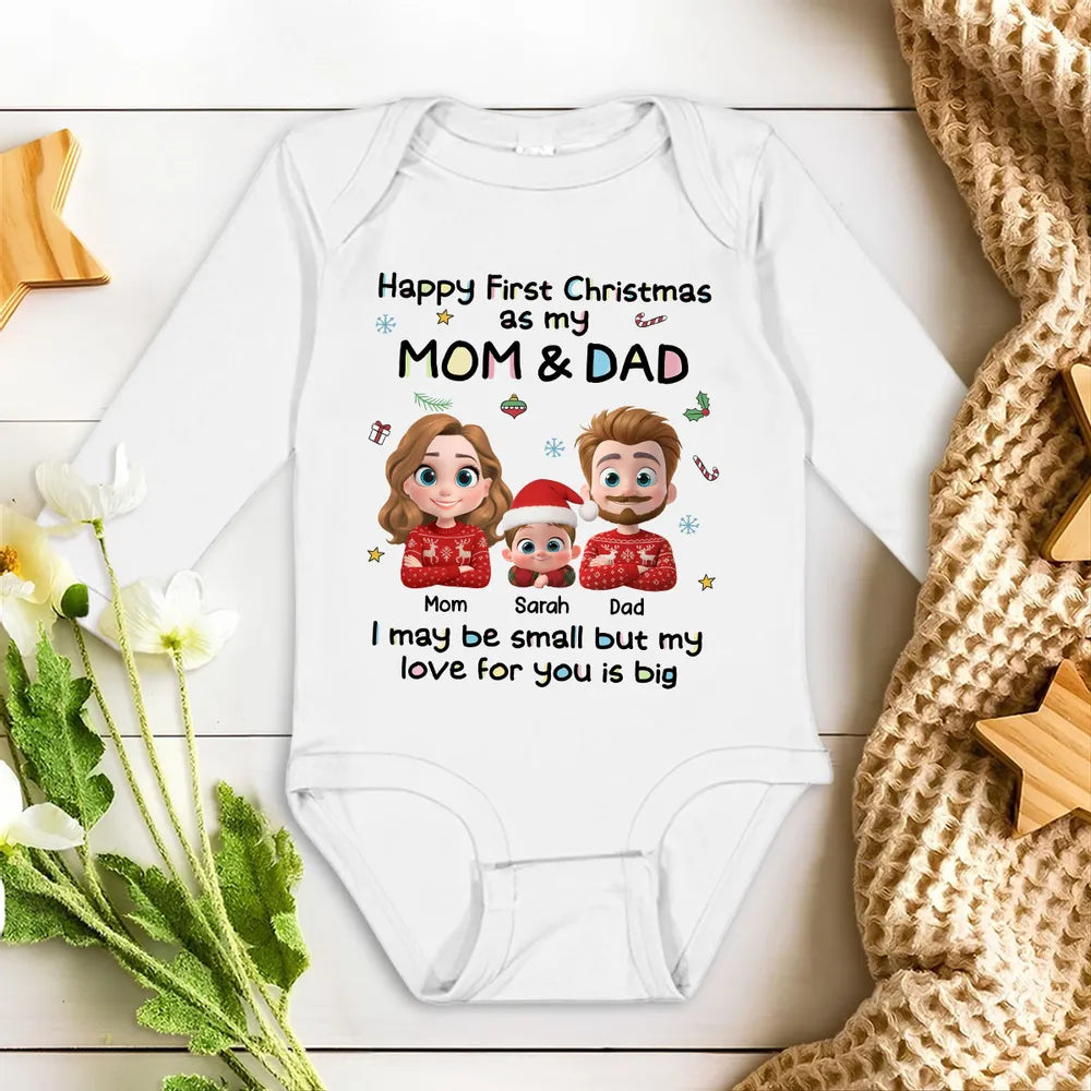 Custom First Christmas Long Sleeve Baby Onesie, Cute Mom Dad and Baby Illustration, Personalized Holiday Outfit and Heartwarming Newborn Gift