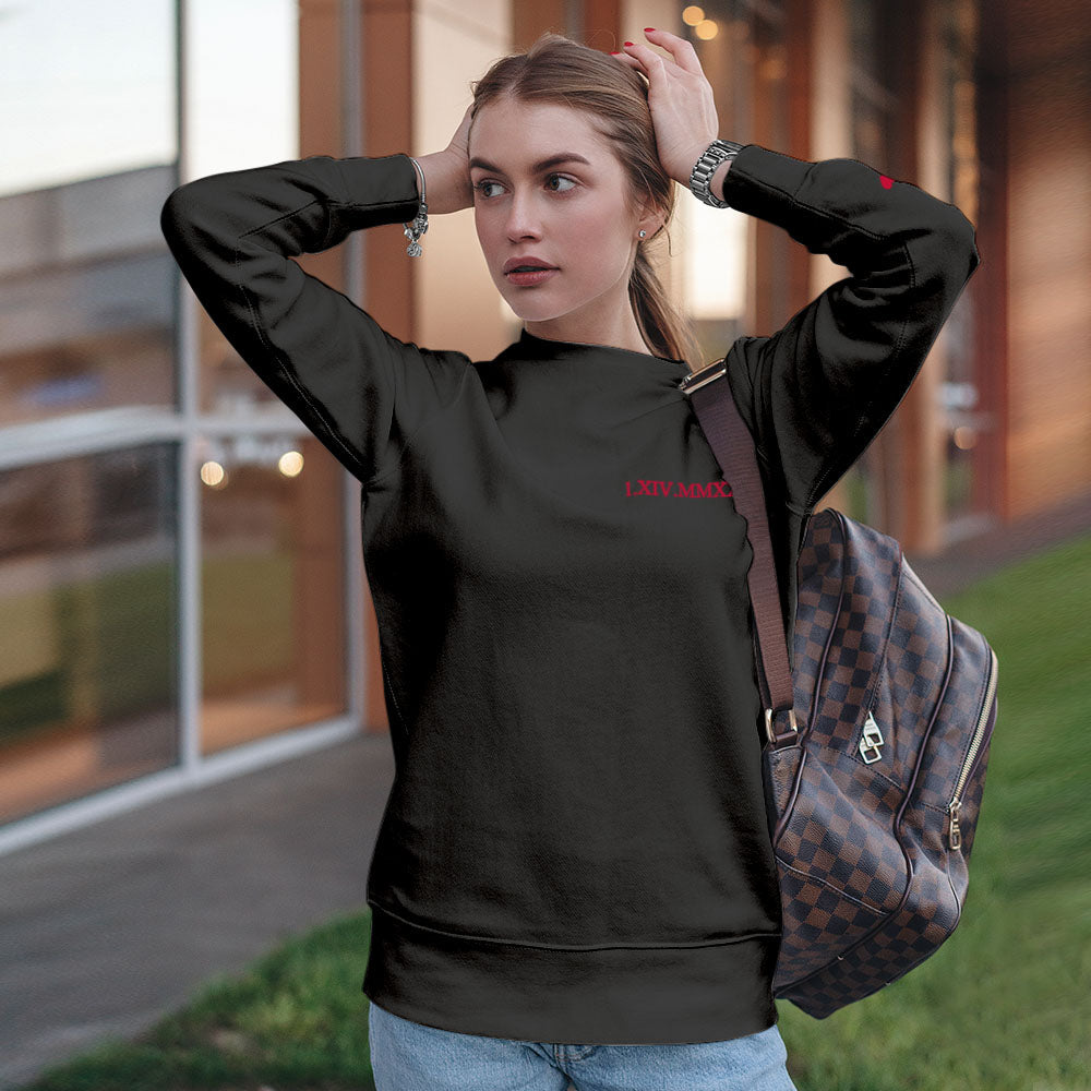 Custom Engraved Embroidery Round Neck Roman Numeral Date - Personalized Couple Sweatshirt