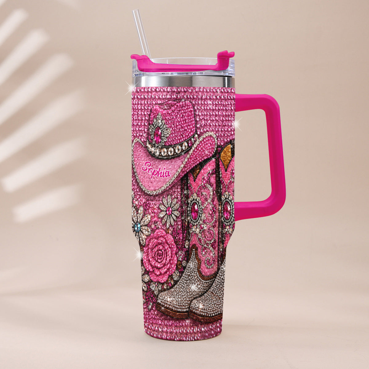 Cowgirl Boots - Personalized Cowgirl Rhinestone Tumbler With Plush Charm