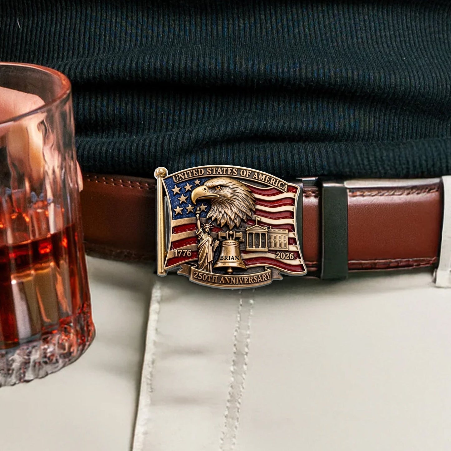250th Anniversary Of United States - Personalized Patriot Leather Belt With Shaped Buckle