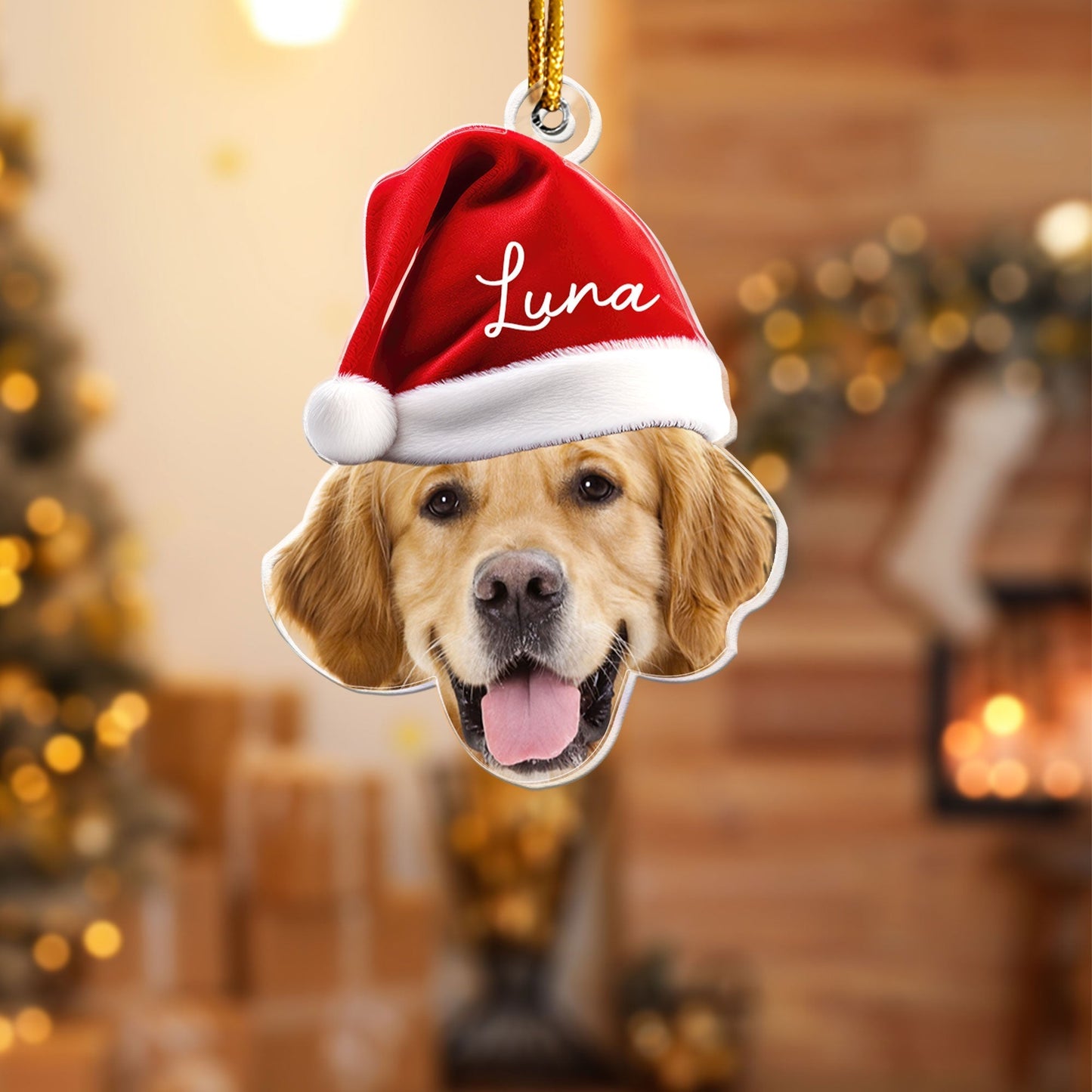 Personalized Acrylic Ornament for Pet Lovers – Santa Cap Portrait, Clear Cutout
