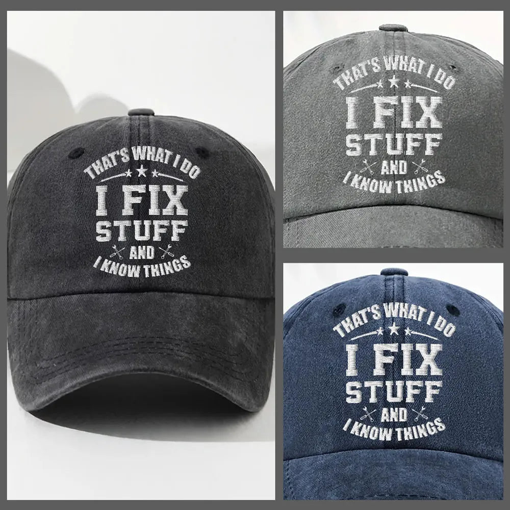 Personalized Washed Denim Baseball Cap with Funny Fix Stuff Quote, Vintage Look Everyday Hat, Unique Gift for Dad