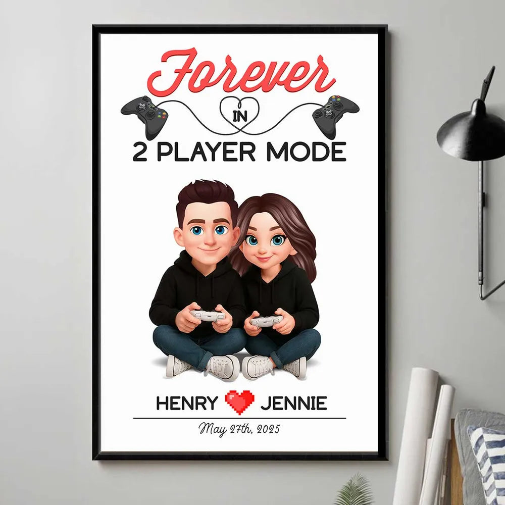 Personalized Gaming Couple Poster Forever In 2 Player Mode Sitting With Controllers Unique Gift For Him & Her