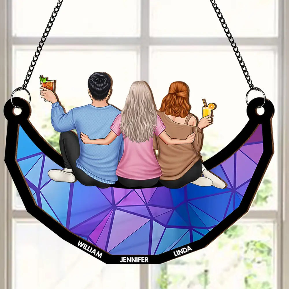 Personalized Friends Sitting On The Moon Ornament – Back View Hanging Suncatcher Gift for Friends, Sisters, or Siblings