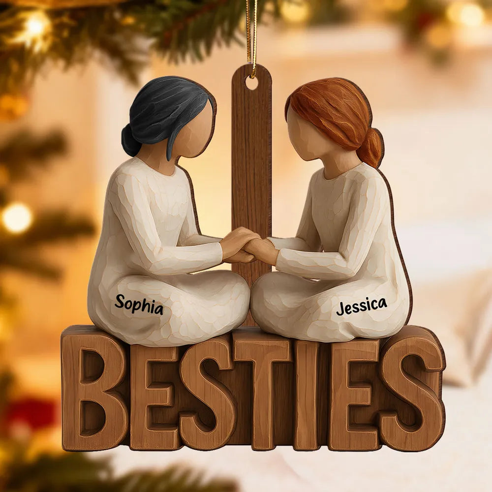 Wooden Ornament Besties Hand-in-Hand, Minimalist Carved Wood Design, Unique Gift for Best Friend, Ready to Hang