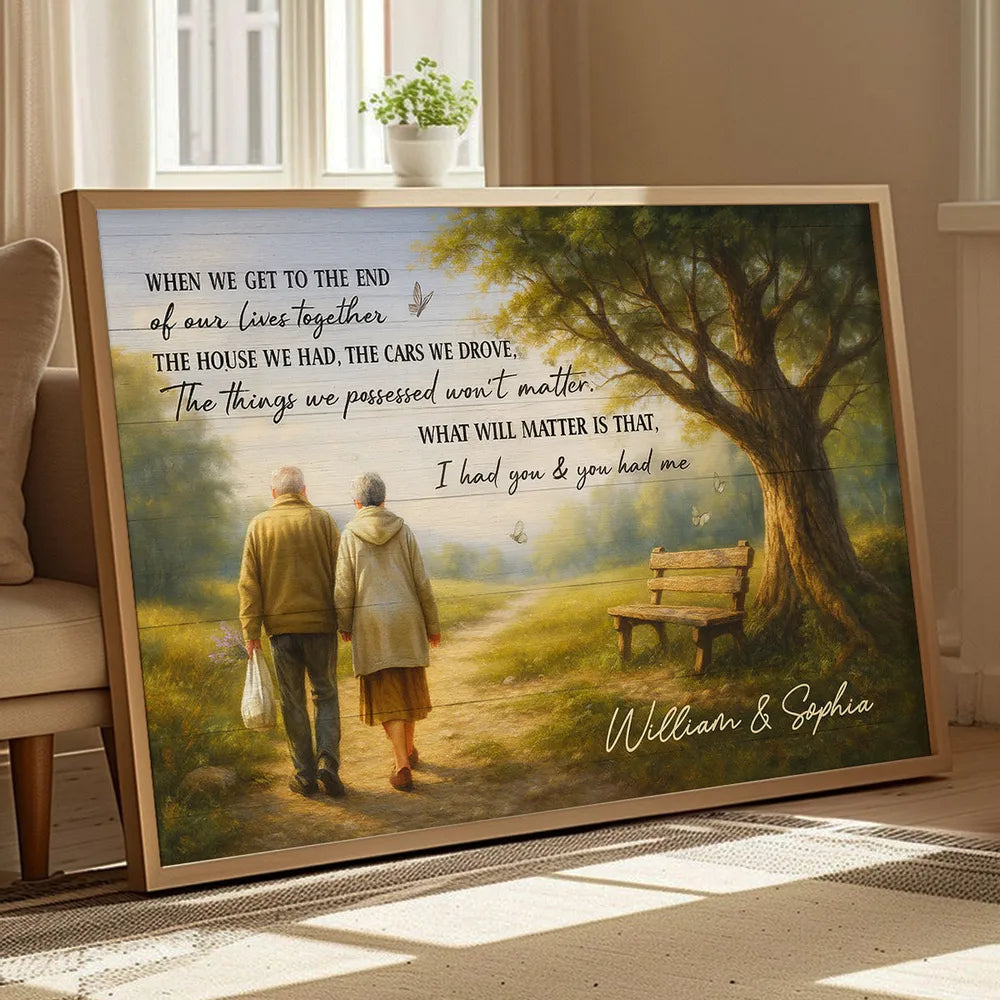 Custom Couple Poster Wall Art – Elderly Pair on Forest Path, Heartfelt Personalized Print, Romantic Keepsake Gift for Lifelong Partners
